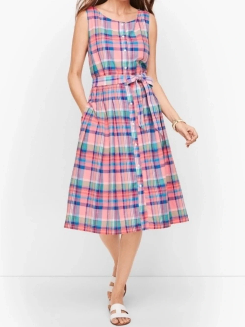 Talbots Madras Plaid Button Front Shirtdress Belted Cotton Pink Blue 12 - Picture 2 of 16
